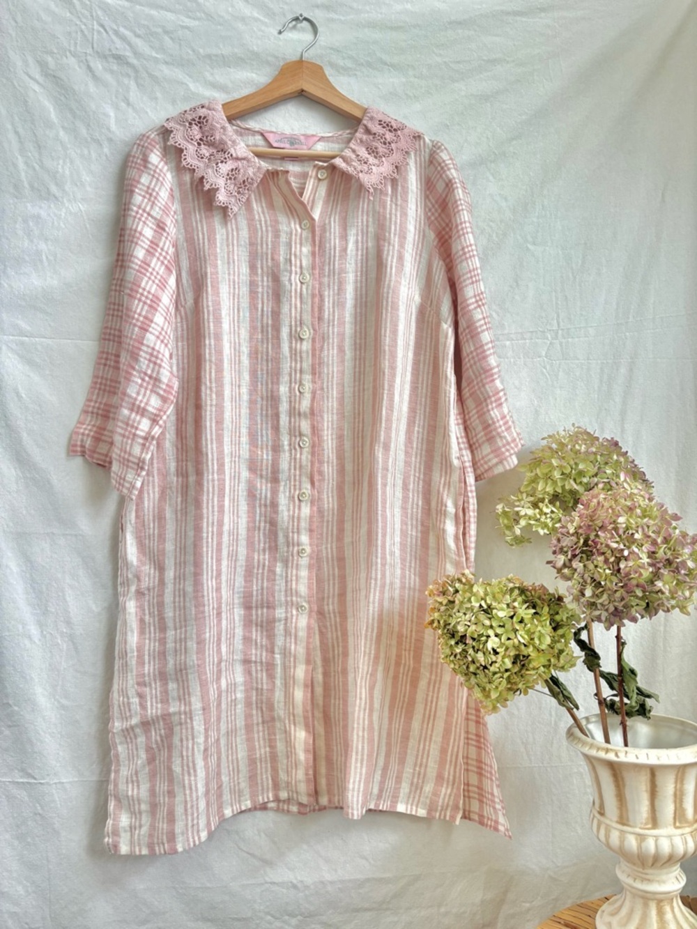 April Cornell Pink and Cream Striped Midi Dress with Lace Collar